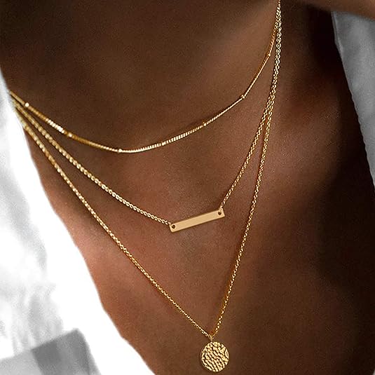 14K Gold Layered Choker Necklace – Bar & Coin Charm Pendant Set