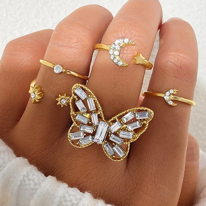 Butterfly Moon Ring Set – Vintage Silver Couple Rings