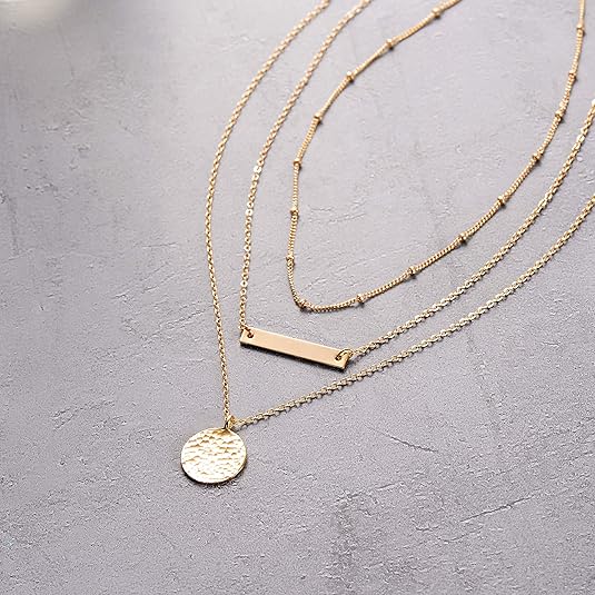 14K Gold Layered Choker Necklace – Bar & Coin Charm Pendant Set