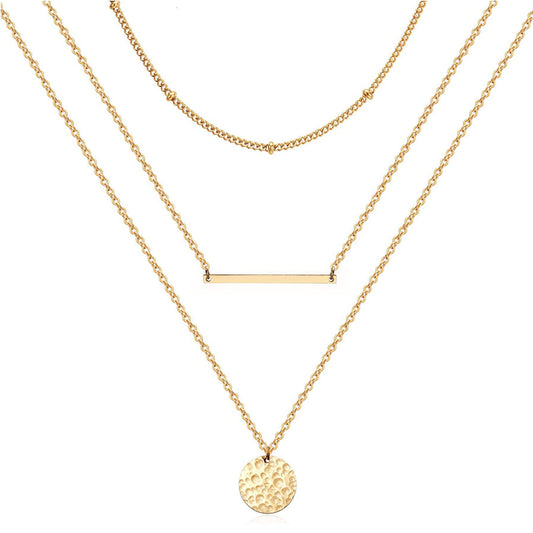 14K Gold Layered Choker Necklace – Bar & Coin Charm Pendant Set