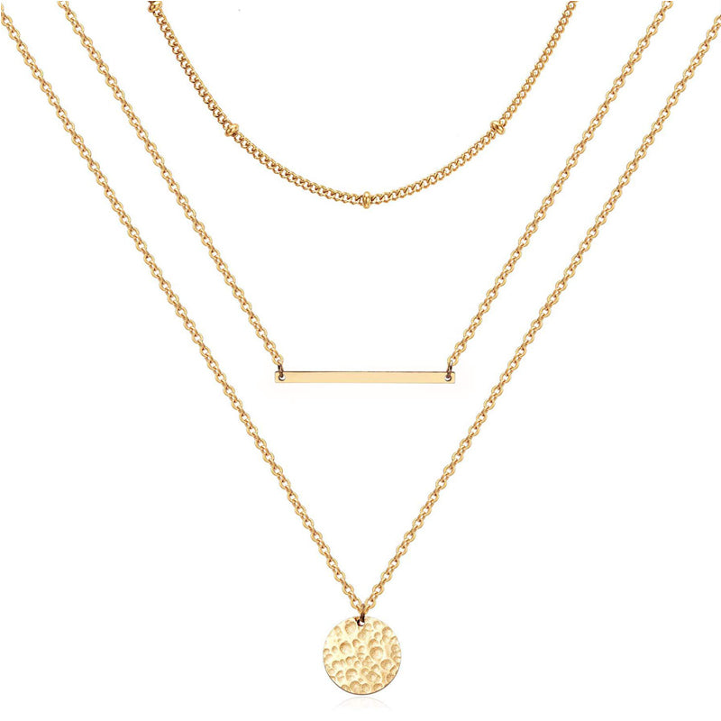 14K Gold Layered Choker Necklace – Bar & Coin Charm Pendant Set