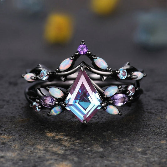 Midnight Bloom Diamond Ring Set – Gun Black Gemstone Flower Duo
