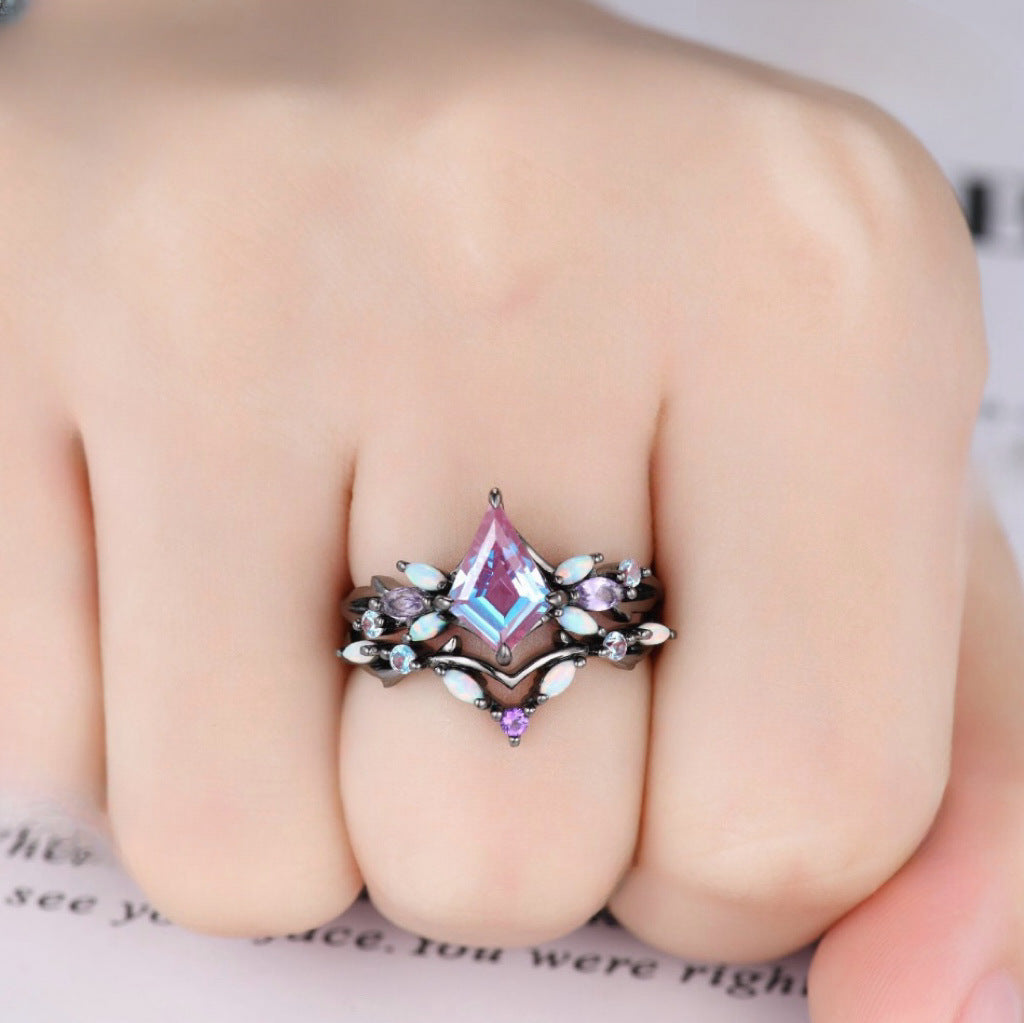 Midnight Bloom Diamond Ring Set – Gun Black Gemstone Flower Duo