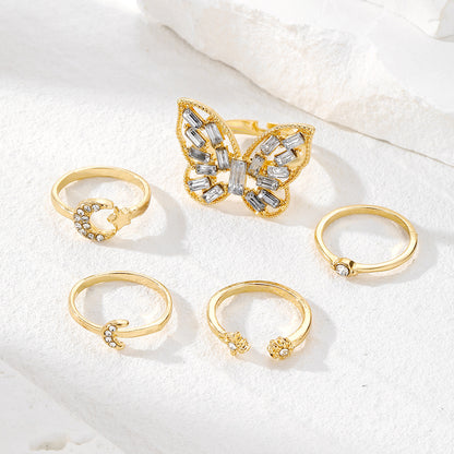 Butterfly Moon Ring Set – Vintage Silver Couple Rings