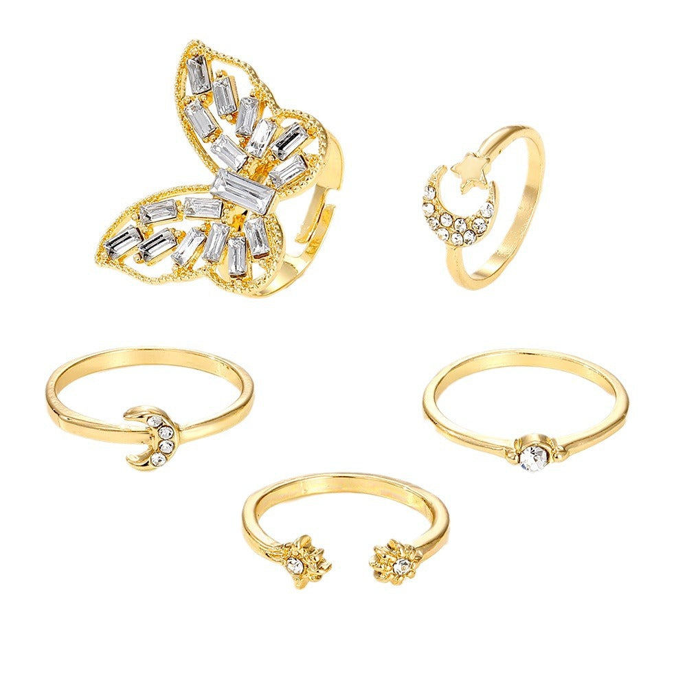 Butterfly Moon Ring Set – Vintage Silver Couple Rings
