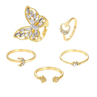 Butterfly Moon Ring Set – Vintage Silver Couple Rings
