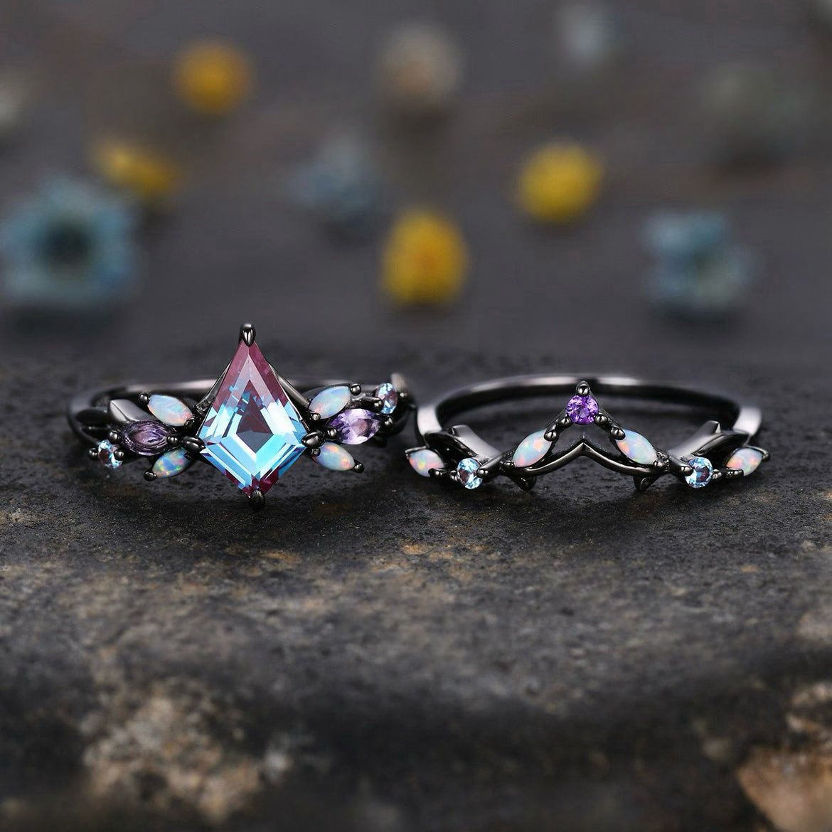 Midnight Bloom Diamond Ring Set – Gun Black Gemstone Flower Duo