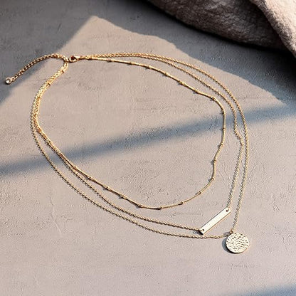 14K Gold Layered Choker Necklace – Bar & Coin Charm Pendant Set