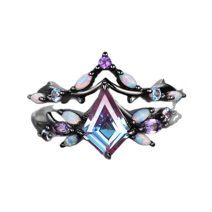 Midnight Bloom Diamond Ring Set – Gun Black Gemstone Flower Duo