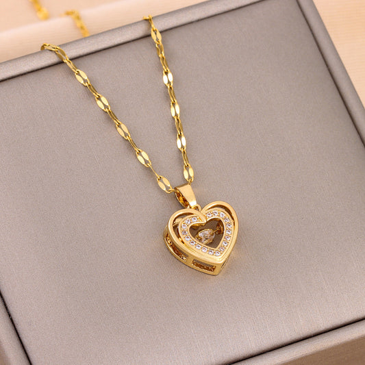 Double Love Rhinestone Necklace – Titanium Steel Heart Pendant