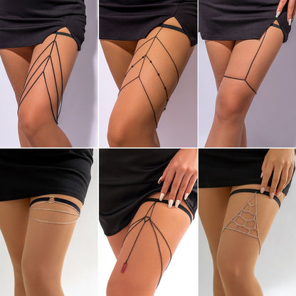 Elastic Tassel Thigh Chain – Black Geometric Body Accessory