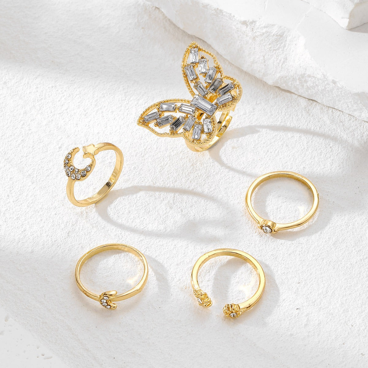 Butterfly Moon Ring Set – Vintage Silver Couple Rings