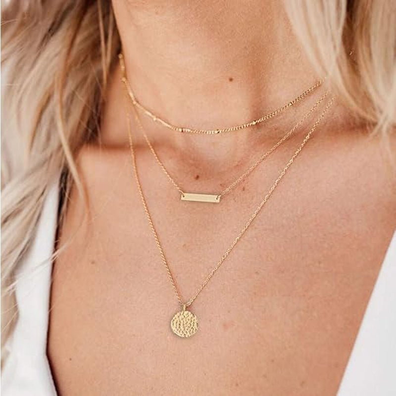 14K Gold Layered Choker Necklace – Bar & Coin Charm Pendant Set
